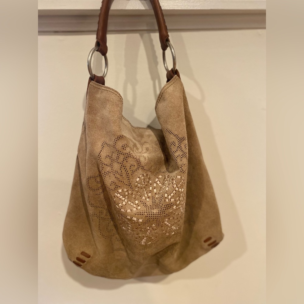 Lucky Brand Suede Tan Hobo Embroidered Bag